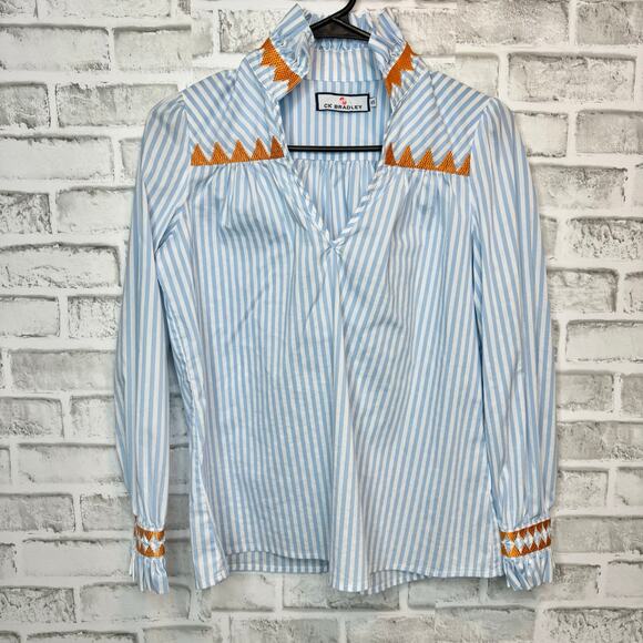 CK Bradley New York Tops - CK Bradley Striped Long Sleeve Blue/ White Blouse Orange Embroidery Women's XS